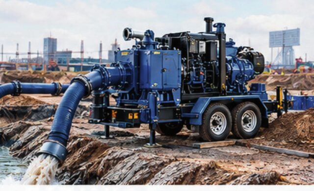 Trailer-mounted dewatering pump discharging water on a construction site