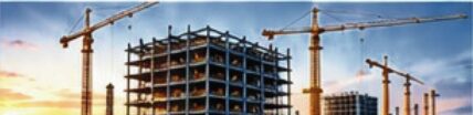 Building construction site with tower cranes