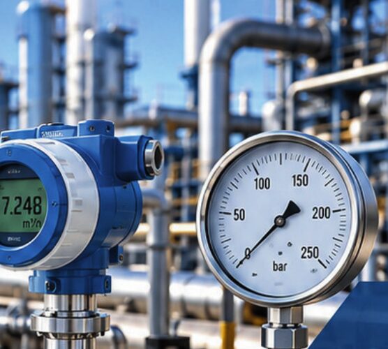 Pressure transmitter and pressure gauge installed on process piping