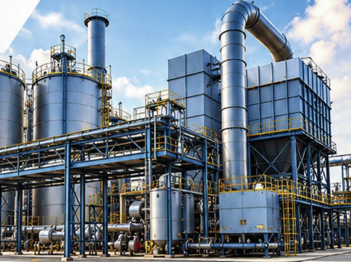 Industrial plant with storage silos, ducting, dust collectors and structural steel
